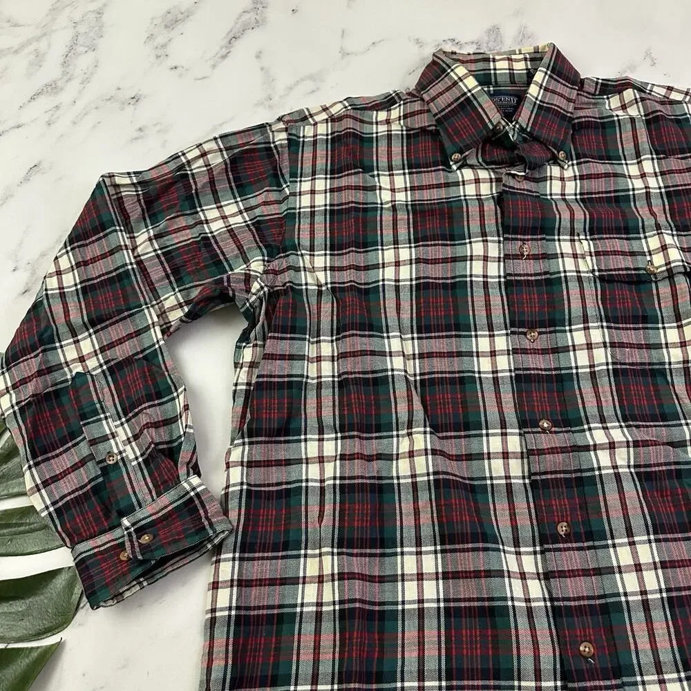 Lands End Mens Vintage 90s Plaid Shirt Size L Red Green Wool Cotton Blend - Picture 4 of 11